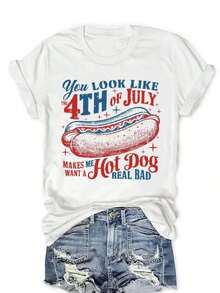 Camiseta Gráfica de Manga Corta para Mujer, Estampado de Alfabetos del Día de la Independencia, Cuello Redondo, Deportiva, Microelasticidad Suave, Poliéster, Lavable a Máquina, Top Casual de Manga Corta para Primavera y Verano, Ligera y Transpirable, No Transparente, Estilo Vintage. - Blanco - Ver 6