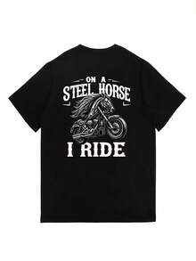 Camiseta de mujer de 180 g, de corte holgado, con estampado de montar a caballo de acero, de manga corta, estilo casual, holgada, top de verano, perfecta para reuniones familiares, regalos corporativos para-building, moda de  2024 - Camiseta unisex de algodón holgada de manga corta y cuello redondo estilo vintage urbano. - Negro - Ver 2