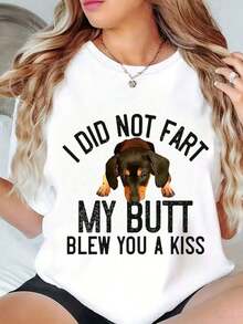 Suave, transpirable y ligero para comodidad durante todo el día. Camiseta para hombre y mujer con estampado de perro salchicha "No me quise el trasero, te envié un beso". Camiseta de cuello redondo para uso casual, fiestas y uso diario. Tela cómoda adecuada para reuniones familiares, fiestas y también como regalo para amigos. 220g. Cuello redondo clásico con un corte relajado que favorece todas las formas del cuerpo y es fácil de combinar con jeans, shorts y leggings. - Blanco - Ver 1