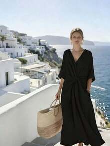 Holidaya Vestido largo con cuello en V, manga corta, cintura elástica y nudo retorcido, adecuado para primavera, verano, otoño e invierno, apropiado para ir al trabajo, uso diario, elegante, fiesta, playa, romántico, Día de San Valentín, graduación, moda, casual, negocios, oficina, versátil - Marrón - Ver 10