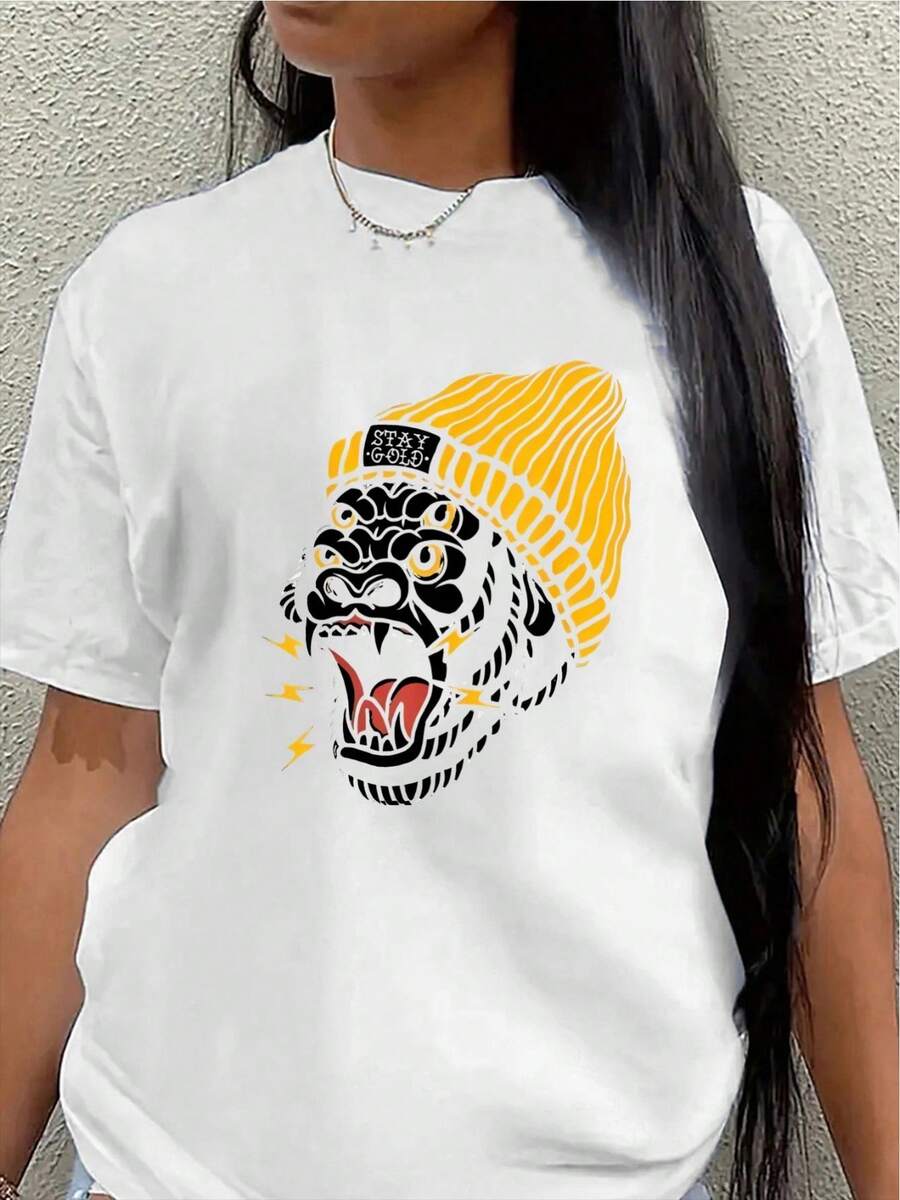 Camiseta ligera y duradera con diseño de cabeza de tigre, una opción ideal para uso casual en restaurantes o en casa, que ofrece una experiencia de uso cómoda para el día a día. - Blanco - Ver 1