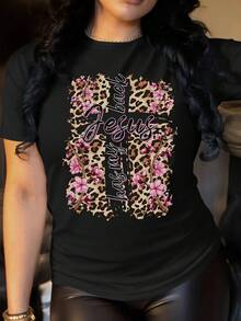 Camiseta de Talla para Mujer, Transpirable, con Estampado Floral y de Leopardo - Rosa y Dorado, Manga Corta, Cuello Redondo, Tejido de Elasticidad Media, Corte Recto, Adecuada para Uso Casual y Viajes, Ropa de Fe Cristiana para Todas las Temporadas - Estilo Urbano Vintage, Unisex, Camiseta Holgada de Algodón de Manga Corta y Cuello Redondo - Negro - Ver 1
