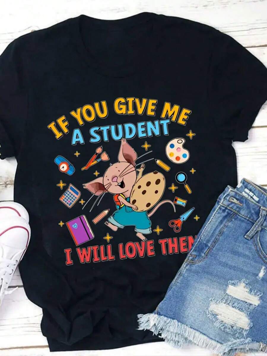 Camiseta Premium con Estampado de Letras, Cuello Redondo Casual, Manga Corta, Ropa Casual de Moda para Mujer, Primavera/Verano, 100% Algodón, Ecológica. - Negro - Ver 1