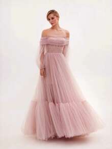 Vestido largo nuevo hombros al descubierto tul manga larga vestido de novia gasa elegante estilo europeo para mujer - Rosa - Ver 6