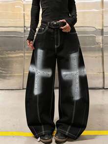 1 chiếc quần jeans ống rộng thoải mái dáng rộng, phong cách đường phố Nhật Bản, phối patchwork, vẽ tay họa tiết dao cong, casual - màu đen - Xem 4