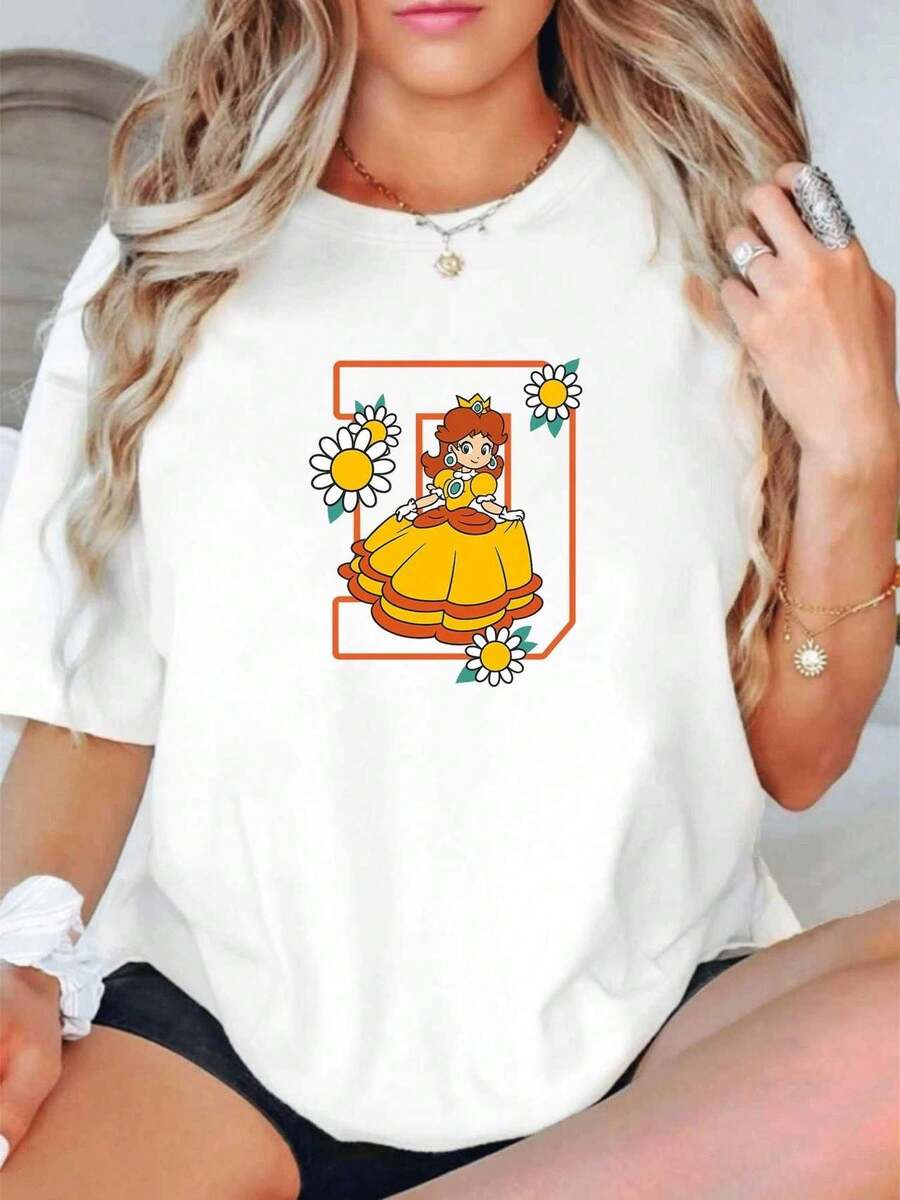 Camiseta extragrande de mujer Oversize grande025 1012 de cuello redondo con estampado de la Princesa Daisy, manga corta, estampado de moda, elástica, de secado rápido, que absorbe la humedad, de malla transpirable, sin sensación de apretura, estilo unisex adecuada para todas las estaciones, para regalar en festivalesDaily Casual Round Neck Short Sleeve-Shirt Women - Blanco - Ver 1