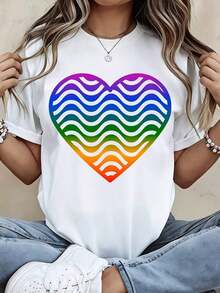 Camiseta con Estampado de Corazón Arcoíris y Ondas, Estilo Casual Deportivo para Uso Diario - Estilo Urbano Vintage, Unisex, de Algodón, Manga Corta, Cuello Redondo, 100% Algodón - Blanco - Ver 1