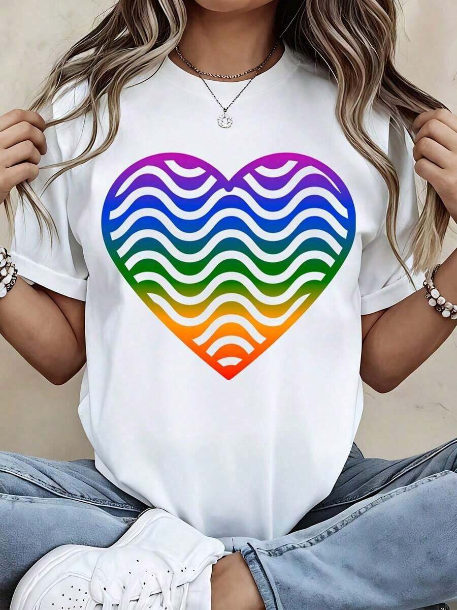 Camiseta con Estampado de Corazón Arcoíris y Ondas, Estilo Casual Deportivo para Uso Diario - Estilo Urbano Vintage, Unisex, de Algodón, Manga Corta, Cuello Redondo, 100% Algodón - Blanco - Ver 1