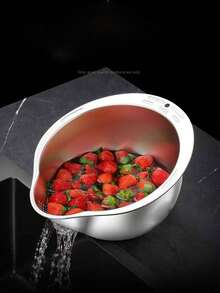 1pc Stainless Steel Slanted Drain Basket, Kitchen Rice Washing Strainer, Vegetable Colander - One Size - View 2