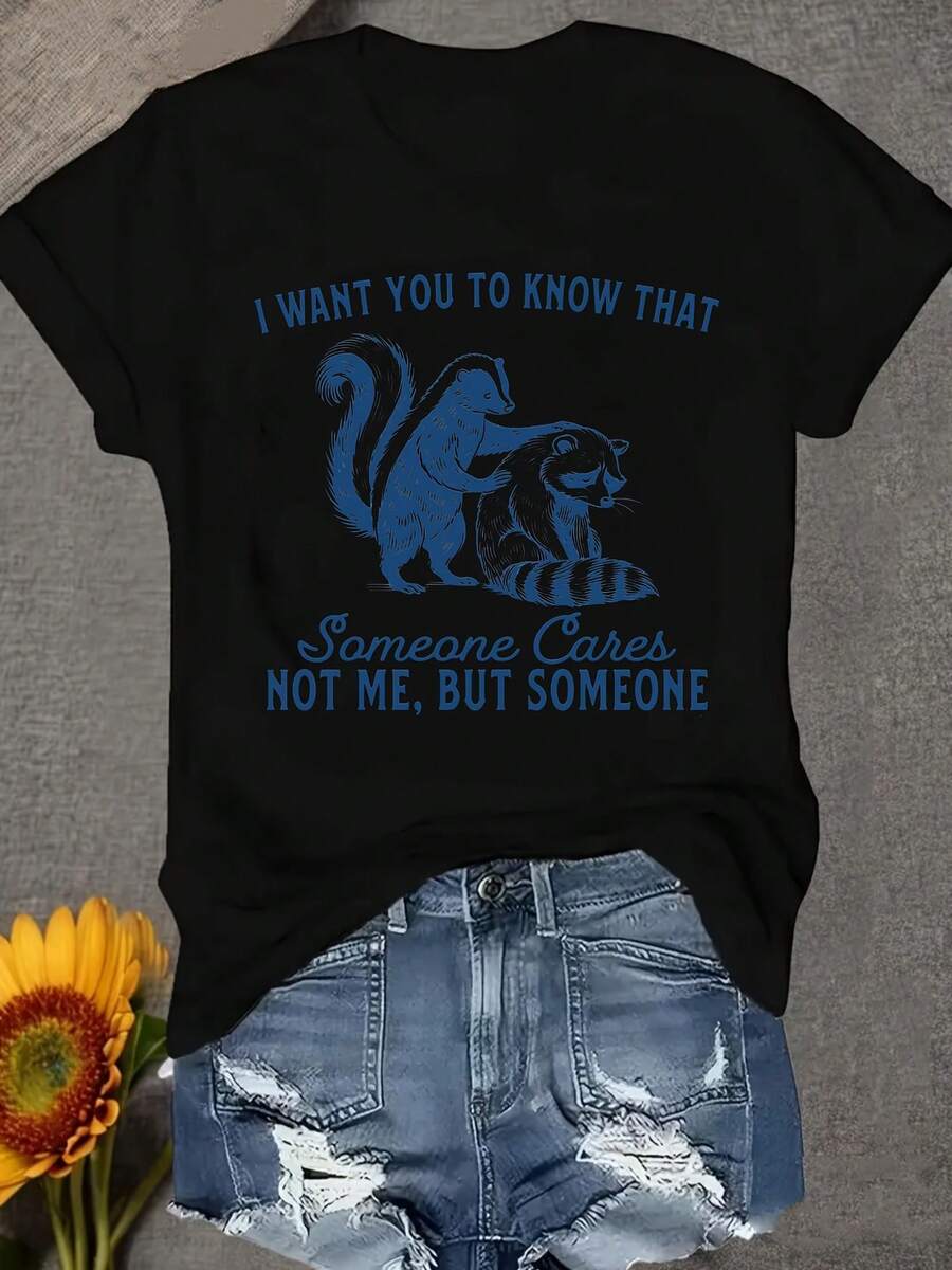Una camiseta de manga corta para mujer, moderna, a la moda, retro, casual y holgada, adecuada para actividades al aire libre en primavera y verano, con la impresión "Quiero que sepas que alguien se preocupa, no yo, sino alguien más".Es una camiseta de mujer cómoda, suave y casual para uso diario, con cuello redondo.blusas para mujer,blusas casuales para dama,tops,, mujer premium,y2k,playeras de mujer curvy,ofertas y liquidaciones ropa mujer,playeras deportivas para mujer,,playeras de hombre, mujer,blusas>elegante AEQN - Negro - Ver 1