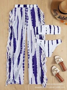 Nuevo y sexy traje de baño de dos piezas con estampado multicolor y pantalones largos, bikini de tres piezas para mujer. - amarillo grisáceo - Ver 8