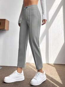 PETITE Pantalones De Mujer De Primavera De Cintura Alta Con Pliegue Prensado Cónico - Gris - Ver 5