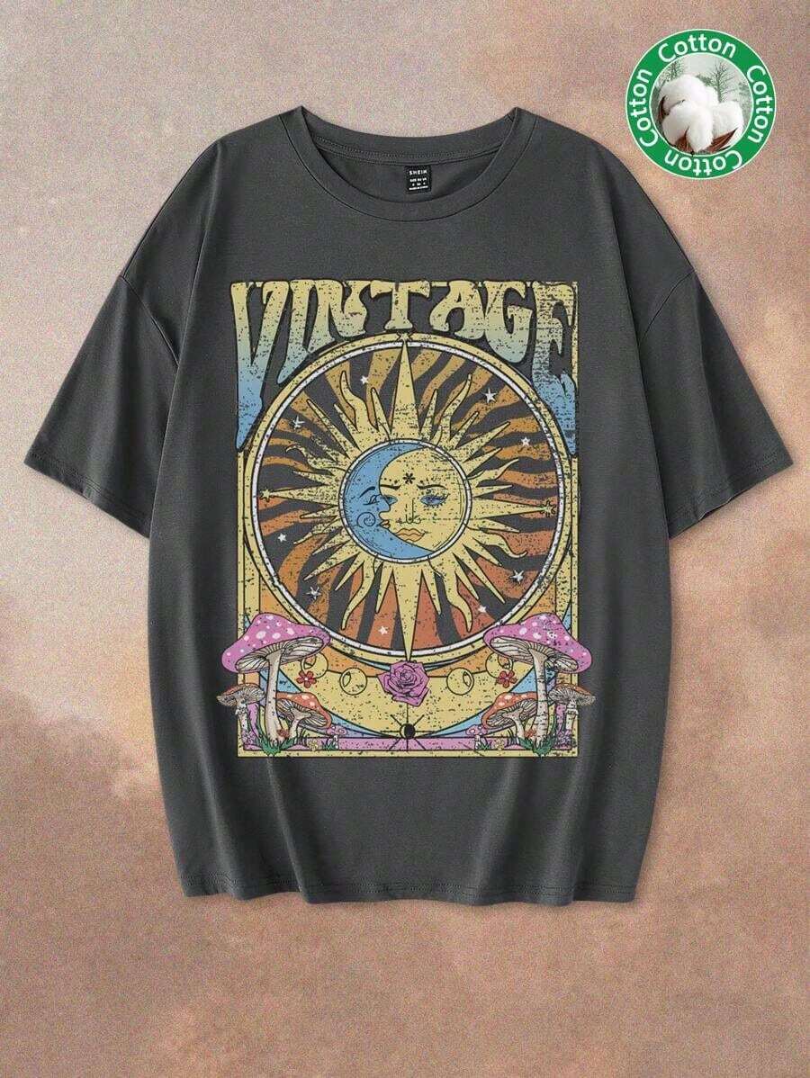 Camiseta de manga corta de talla grande para mujer , 34% algodón, estilo minimalista con estampado de plantas, sol, luna y eslogan.Adecuado para el verano, estilo vintage, ropa urbana, camisetas con estampados, salidas de verano, blusas casuales para mujer, regreso a clases, fiestas, graduaciones. - Gris oscuro 2 - Ver 1