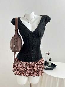 Blusa transparente con textura y escote en V de manga corta para mujer, de verano - Negro - Ver 4