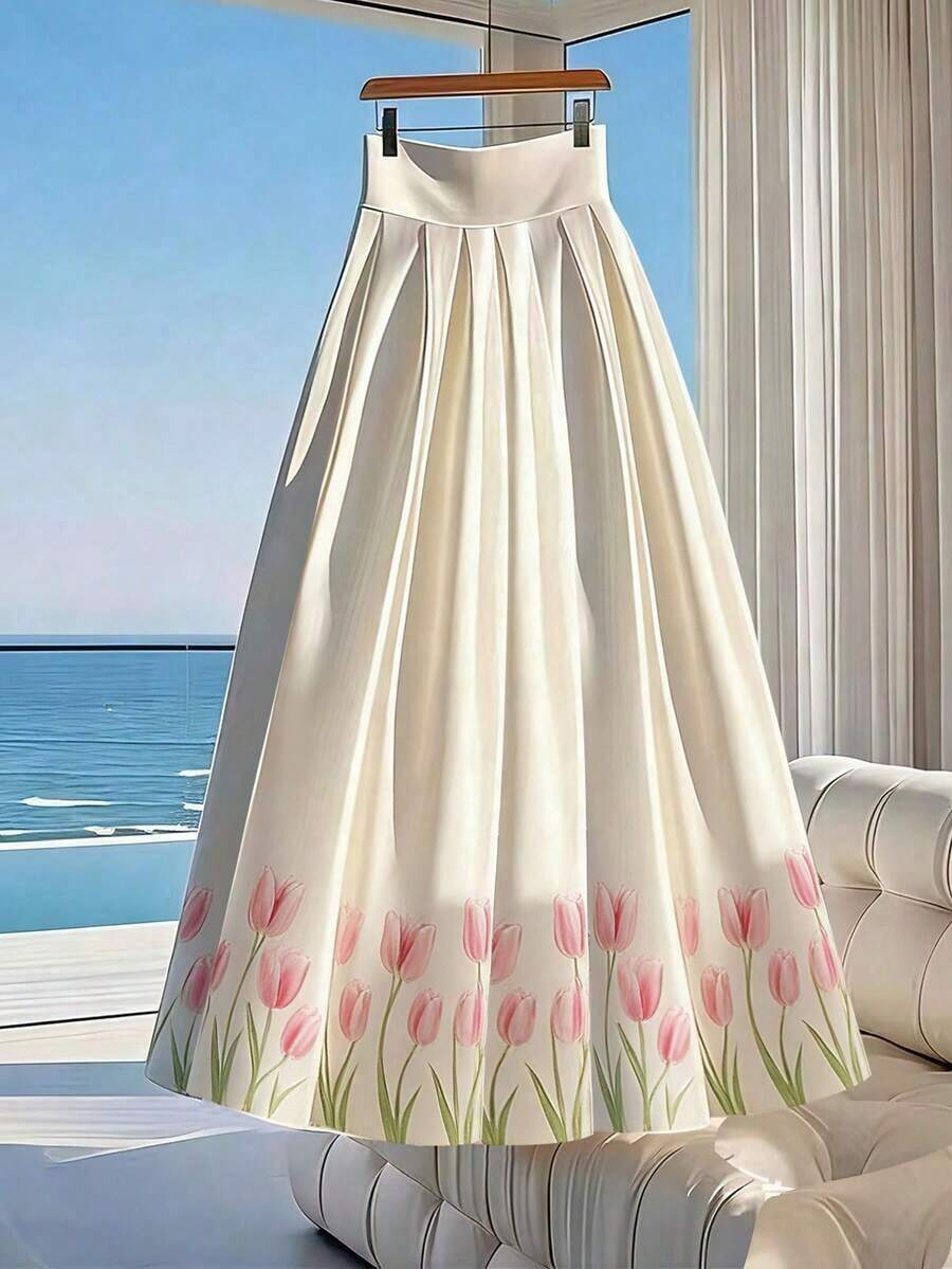 Nueva falda plisada de cintura alta con estampado de tulipanes en color marfil, elegante para vacaciones y uso diario - Negro - Ver 1