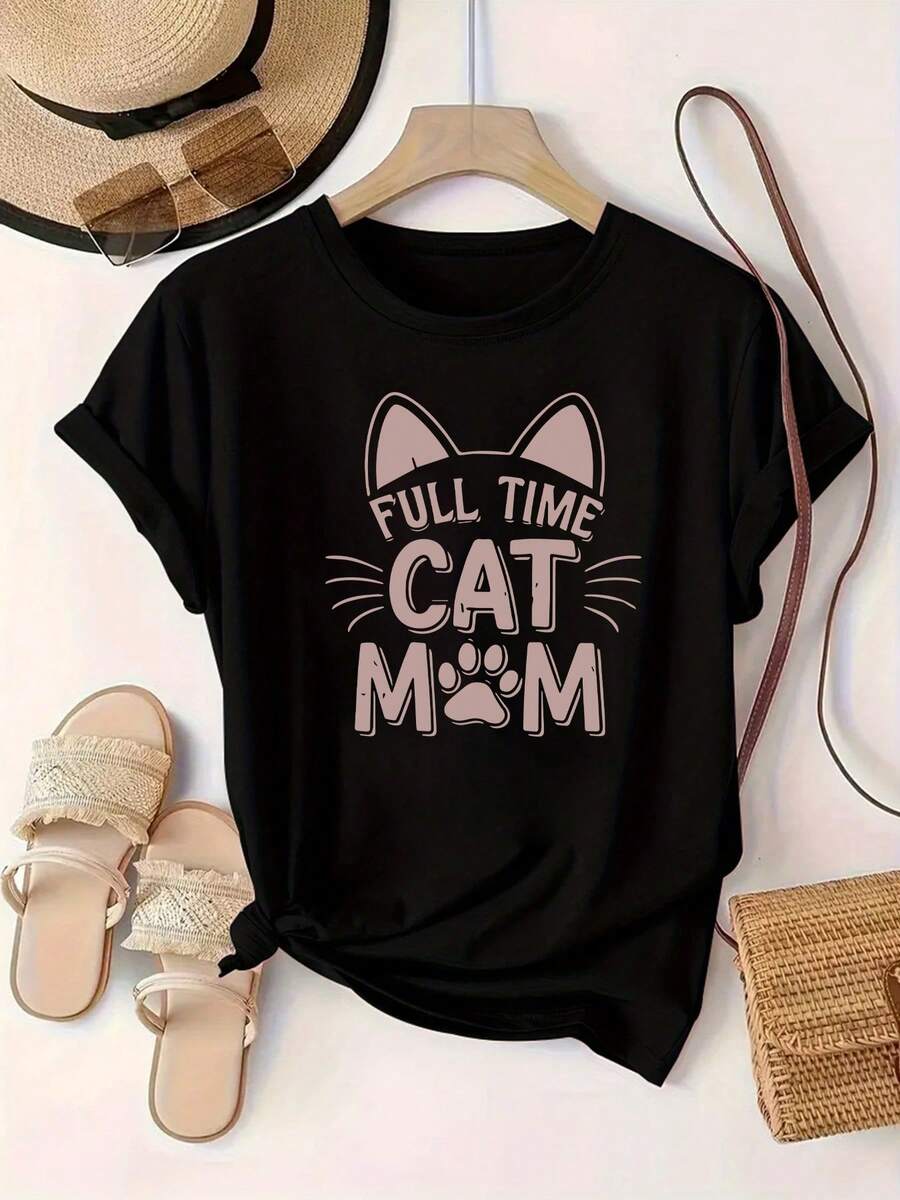 Camiseta de mujer estampada con las palabras "FULL TIME CAT MOM" y con diseño de orejas de gato, bigotes de gato y patas de gato, con estampado de letras y cuello redondo. - Negro - Ver 1