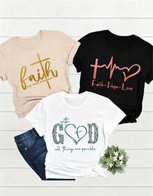 Camiseta de con Estampado de Fe, 3 piezas/set de camisetas de manga suitable for streetwear, Top oversized cuello redondo daily outings, camping, concerts, hip-hop, rock, and rap events Paquete Individual, Camiseta Casual de Manga Corta y Cuello Redondo para Todas las Temporadas, Ropa de Mujer - Blanco - Ver 1