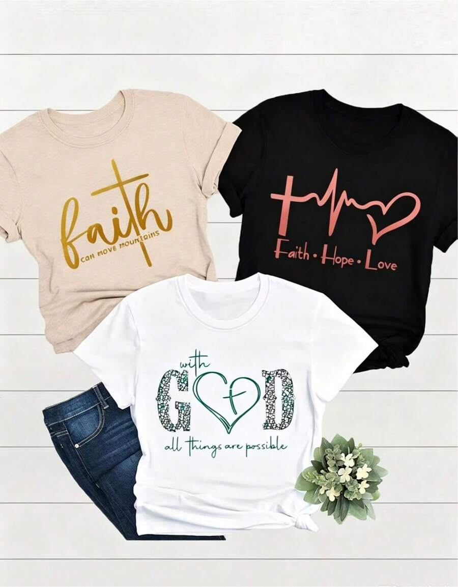 Camiseta de con Estampado de Fe, 3 piezas/set de camisetas de manga suitable for streetwear, Top oversized cuello redondo daily outings, camping, concerts, hip-hop, rock, and rap events Paquete Individual, Camiseta Casual de Manga Corta y Cuello Redondo para Todas las Temporadas, Ropa de Mujer - Blanco - Ver 1