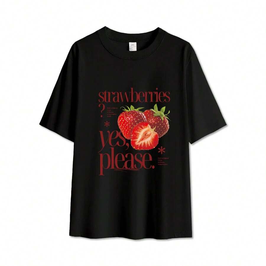 Women's Vintage Polyester Strawberry Print T-Shirt | Comfortable And Cool Casual Style - Perfect For Your Summer Days! Available In All Sizes, Pair It With Your Favorite Outfit. Don't Miss Out! - 黑色 - 查看 1