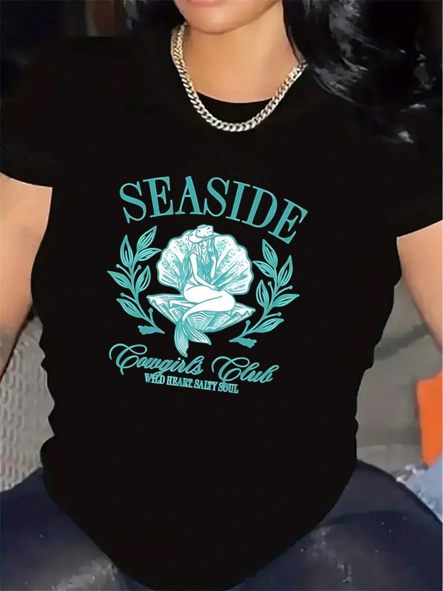 2026Camiseta de manga corta para mujer del Seaside Cowgirl Club, ligera, ideal para salidas informales a la playa, comer o relajarse.Presenta un diseño cómodo y duradero con un estampado gráfico de rosas azul turquesa. - Negro - Ver 1