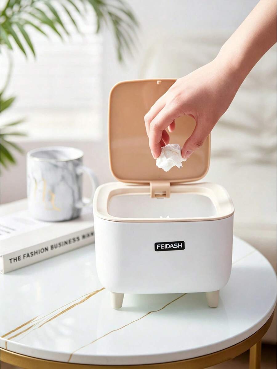 Mini Desktop Trash Can With Lid, Bote De Basura, Small Countertop Trash Can For Bedroom, Living Room And Bathroom, Wood Grain Design - Multicolor - View 1