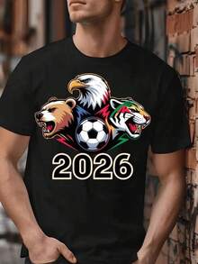 Mascotas de la Copa Mundial 2026 - Águila, Oso y JAGUAR - Camisetas de manga corta con cuello redondo de algodón, perfectas como regalo para familiares y amigos, o como camisetas de pareja para aficionados al fútbol, para hombres y mujeres, camiseta de algodón, tela cómoda, cuello redondo, manga corta, transpirable y ligera, muy adecuada para primavera, verano, otoño e invierno, ropa casual, lavable a máquina, camiseta de manga corta estampada. - Negro - Ver 6
