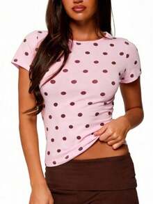 Polka Dot Tops For Women Y2K Long Short Sleeve Tee Crop Top Vintage Cute Slim Fit Crew Neck Shirt Going Out Streetwear - 粉紅色短袖 - 查看 2