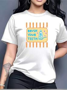 Camisetas de Algodón Oversize para Mujer 2026 con Estampado Divertido de Cepillado de Dientes, 180g, Camiseta para Regalo Familiar - Perfecta para Fiestas del Día del Trabajo y Eventos Corporativos, Cómoda, Suave, Sencilla para Uso Diario, Top de Manga Corta - Blanco - Ver 1