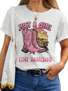 Playeras de mujer de algodón Mazezy Women' Just A Who Loves Line Dancing T-Shirt Rosa con botas de vaquero, atuendo de estilo western country, ropa de baile en línea, ropa casual, camiseta l - Blanco - Ver 1