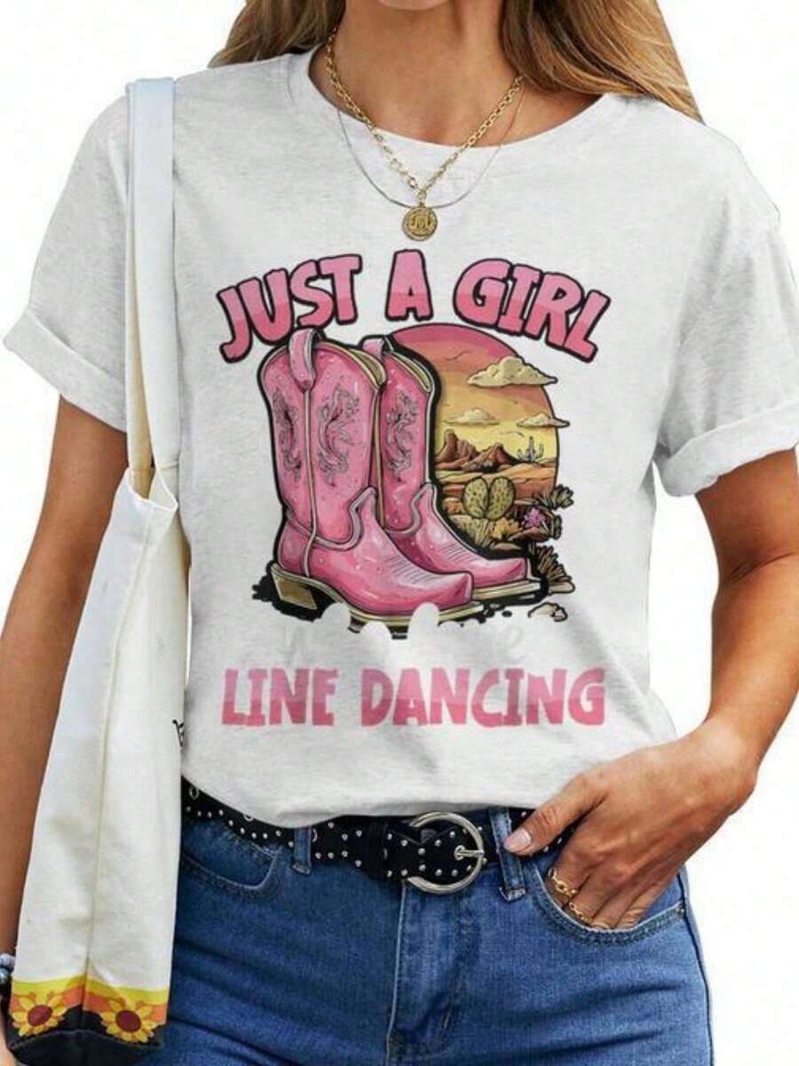 Playeras de mujer de algodón Mazezy Women' Just A Who Loves Line Dancing T-Shirt Rosa con botas de vaquero, atuendo de estilo western country, ropa de baile en línea, ropa casual, camiseta l - Blanco - Ver 1