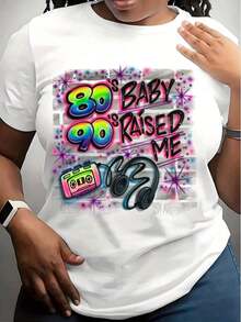 short-sleeveCamiseta casual de talla grande para mujer con gráfico vintage retro de pop art "Me crió la década de los 80 y 90", de manga corta, cuello redondo, cómoda y adecuada para uso diario, vacaciones y actividades al aire libre100% Cotton - Blanco - Ver 6