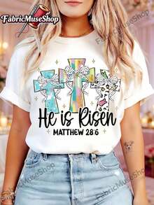 1 pieza de camiseta blanca para mujer con estampado de lazo cruzado colorido, cuello redondo, camiseta casual de algodón, tela de elasticidad media, corte regular para damas, para primavera/verano/otoño, 180g, 100% algodón. - Blanco - Ver 1