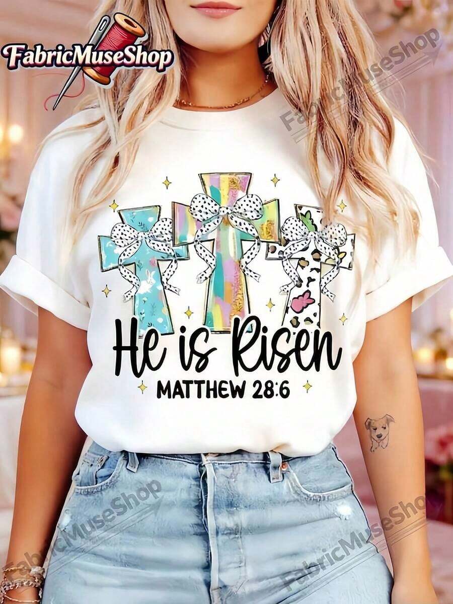 1 pieza de camiseta blanca para mujer con estampado de lazo cruzado colorido, cuello redondo, camiseta casual de algodón, tela de elasticidad media, corte regular para damas, para primavera/verano/otoño, 180g, 100% algodón. - Blanco - Ver 1