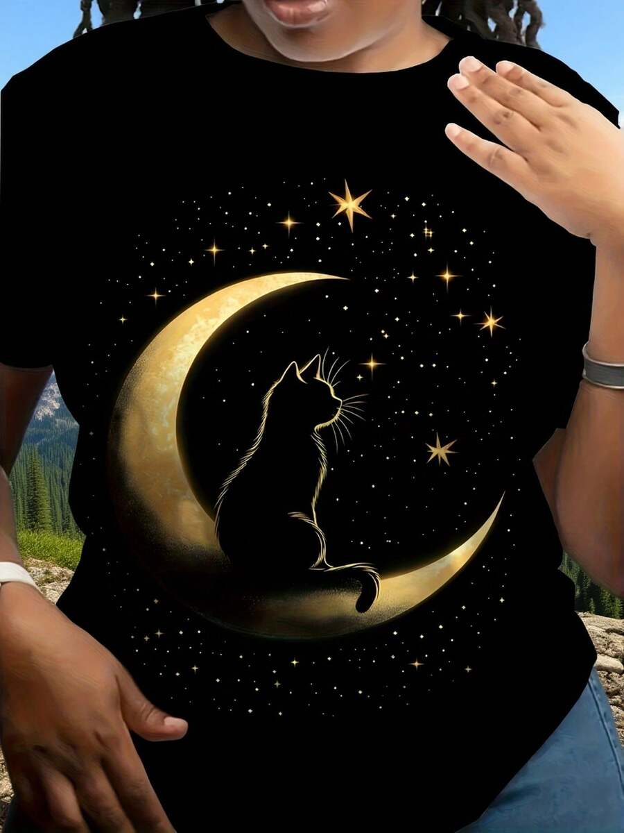 Camiseta única con diseño de gato en la luna lleno de estrellas perfecta para los amantes de la noche estilo y2k ideal para combinar con cualquier atuendo resalta tu personalidad y estilo moderno no te la pierdas compártela y destaca entre la multitud - Negro - Ver 1