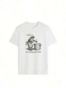 Soft And Simple Short-Sleeved T-Shirt For Women, Summer Frog Print, Casual Style, Loose Fit, For Everyday Wear, Round Neck, White Color, Letter Print, Soft And Comfortable, Everyday Casual Top. 100% Cotton - Black - View 2
