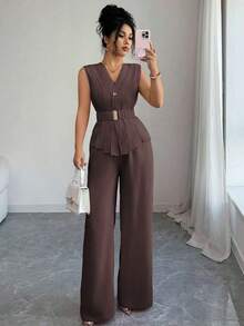 Conjunto de dos piezas de pantalones acampanados con cintura elástica y cinturón, cuello en V, frente abierto, plisado y bajo asimétrico, de tela similar al lino, para mujer, para primavera/verano, elegante, casual, para ir al trabajo, vacaciones, tarde de té - Marrón - Ver 4