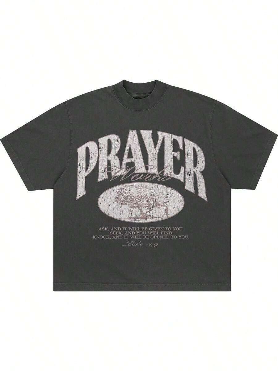200g T-Shirt/1 Piece/100% Cotton, Men's Short Sleeve Crew Neck T-Shirt With Letter Print, Suitable For Summer - 黑色 - 查看 1
