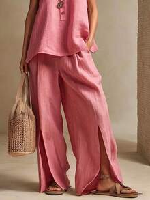 Conjunto femenino de un solo tono look refinado para uso diario - rosa - Ver 3
