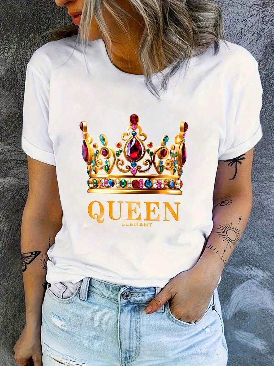 New Summer Casual 2026: Star Item For Mother's Day: Graphic Print T-Shirt For Mother's Day, Casual Short Sleeve Round Neck Top For Summer And Spring, Women's Clothing, High-End Fashion Print - Vintage Urban Style, Unisex Loose Cotton Short Sleeve Round Neck T-Shirt. - 白色 - 查看 1