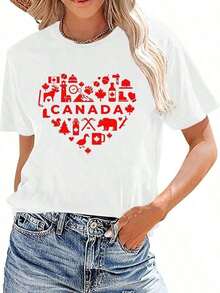 Nueva Camiseta Casual de Verano para Mujer, Diseño de Hoja de Arce y Bandera de Corazón de Canadá, Estilo Vintage Urbano, Unisex, 100% Algodón, Manga Corta, Cuello Redondo, Ajuste Holgado - Blanco - Ver 4