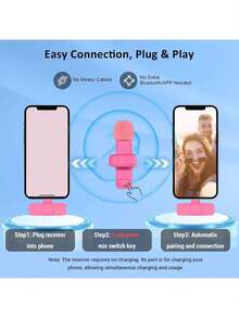 Wireless Lavalier Microphone For Smartphone, Plug-Play Wireless Microphone For Video/Audio Recording, Clip On Lapel Mic For Interview/Vlog/Teaching - Hot Pink - View 3