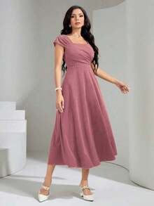 Vestido elegante y de moda con pliegues versátil, adecuado para citas, galas y ocasiones formales - Rosa - Ver 3