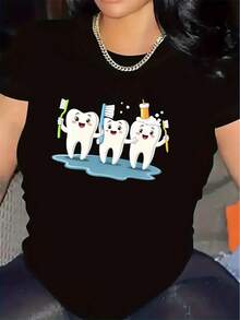 Camiseta de manga corta, diseño divertido con estampado de dientes, adecuada para usar en casa o en la oficina, cómoda y duradera, ligera, ideal para ocasiones informales, estampado de dibujos animados, tela suave, perfecta para el uso diario. - Blanco - Ver 8