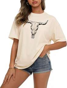 Camiseta de Mujer con Estampado LETSEE, Manga Corta, Holgada, Casual, Bonita, Estilo Bohemio Retro, Top de Verano - Albaricoque 1 - Ver 1