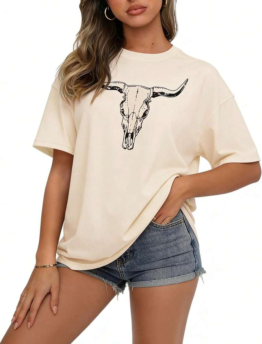 Camiseta de Mujer con Estampado LETSEE, Manga Corta, Holgada, Casual, Bonita, Estilo Bohemio Retro, Top de Verano - Albaricoque 1 - Ver 1
