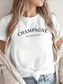 1 camiseta de manga corta, ligera y duradera, estampada con las palabras "Champagne Si Vous Plait", perfecta para salidas informales o para relajarse en casa, diseñada para ofrecer comodidad y estilo en el día a día, 180g 100% algodón. - Blanco - Ver 12