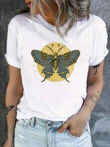 Women's Plus Size Fashion Cotton T-Shirt 2026, Round Neck Moth Print T-Shirt, Casual Short Sleeve Top For Spring/Summer, Comfortable, Soft And Simple Short Sleeve Top For Women's Daily Wear. - 白色 - 查看 7