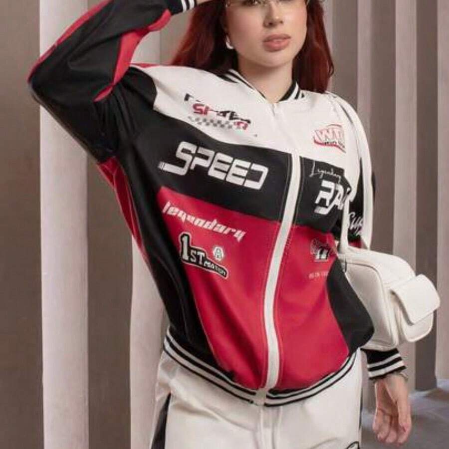 FER DURAN FER DURAN Chaquetas tipo béisbol con estampado de bloque de color y letras para mujer, estilo callejero otoñal, ideal para volver al colegio - Negro - Ver 1