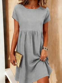 Elegant Women's Casual Short Sleeved Dress For Spring And Summer Women's Loose Casual Solid Color Short Sleeved Dress, Machine Washable, Suitable For Daily And Casual Wear - 銀灰色 - 查看 8