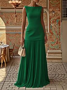 Summer Dresses For WomenWomen'S Solid Color Round Neck Sleeveless Patchwork Pleated Long Dress 2025 French Elegant Dress Temperament Fashionable Date Commuting DressLoose And Comfortabledresses For Women - 杏色 - 查看 6